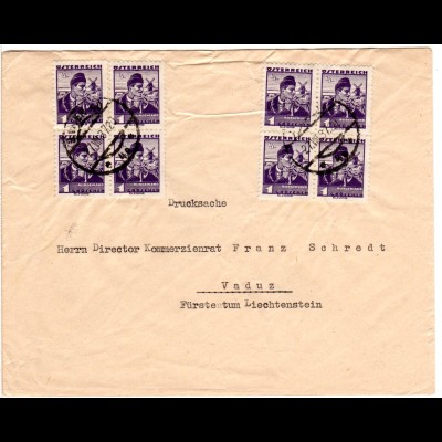 Österreich 1922, zwei 4er-Blöcke 1 Gr. auf Drucksache Brief v. Wien n. Vaduz