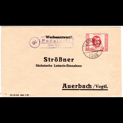 DDR 1952, Landpost Stpl. 10 PODELWITZ über Leinig (PLZ!!) auf Brief m. 24 Pf.
