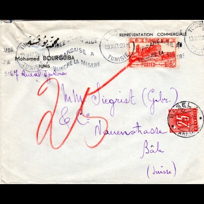 Tunesien 1947, 6 F. auf Brief v. Tunis n. Basel m. Schweiz 25 C. Portomarke