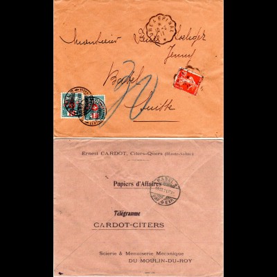 Frankreich 1911, 10 C. auf Firmen Brief v. Citers-Quers m. Schweiz Portomarken.
