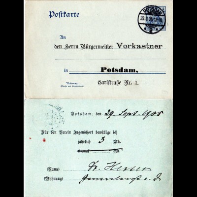 DR 1905, 2 Pf. Ganzsache m. Vordruck Adresse an Bürgermeister Vorkastner Potsdam