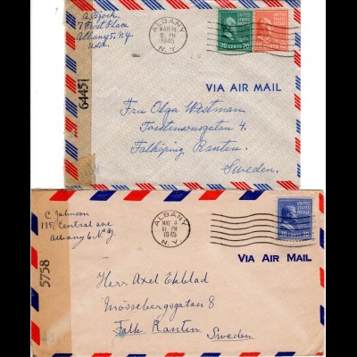 USA 1945, 2 späte (März/Mai) WW II Luftpost Zensur Briefe v. Albany n. Schweden