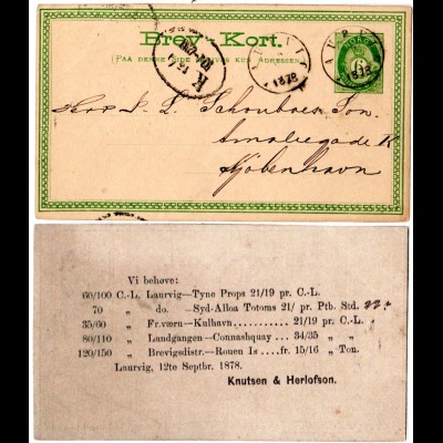 Norwegen 1878, 6 öre Ganzsache v. Laurvig n. Dänemark m. rücks. Firmenzudruck