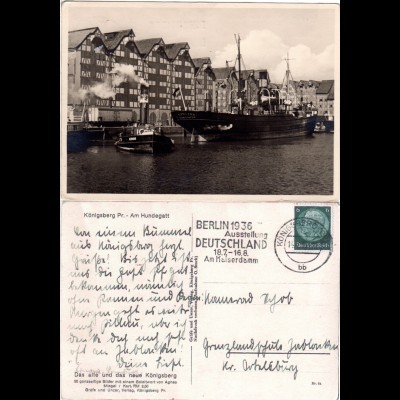 Königsberg, Am Hundegatt m. Dampfern Samland u. Hermann, 1936 gebr. sw-AK