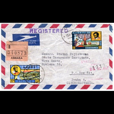 Äthiopien 1965, 20+75 C. auf Reko Luftpost Brief v. Asmara i.d. Tschechoslowakei