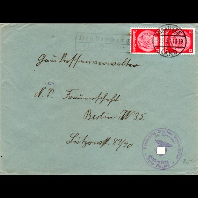 DR 1938, Landpost Stempel HINDENBERG über Gransee auf NS Frauenschaft Brief 
