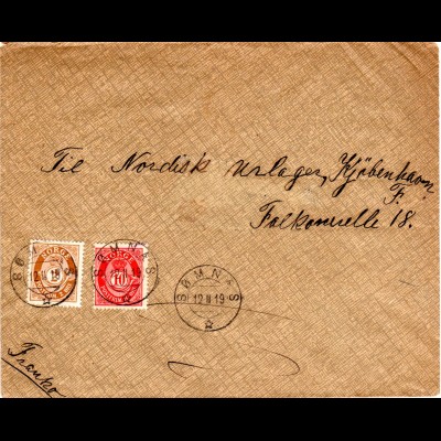 Norwegen 1919, 2+10 öre auf portorichtigem Brief v. Sömnaes n. Dänemark
