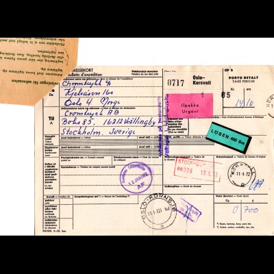 Norwegen 1972, Eil Paketkarte v. Oslo-Korsvoll m. Bahnpost u. Schweden Nachporto