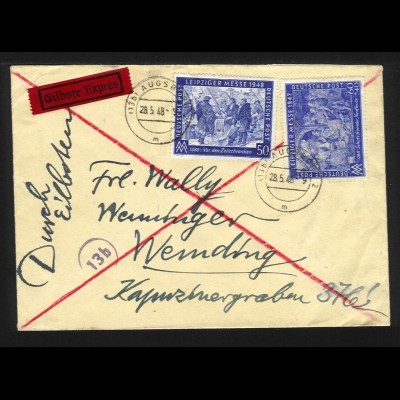 1948, 50+60 (+40) Pf. Leipziger Messe auf Eilboten Brief v. Augsburg. #1195