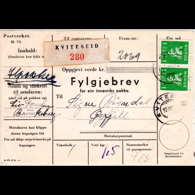 Norwegen 1943, Paar 1 Kr. auf Ilpakke Paketkarte v. Kviteseid.