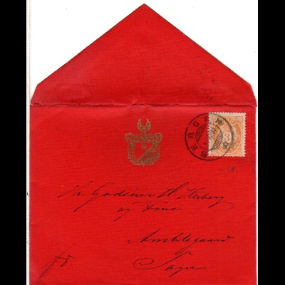 Norwegen 1893, 3 öre auf rotem Neujahrsgruss-Couvert v. Bergen m. Goldwappen