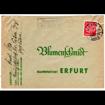 DR 1937, Landpost Stpl. BRAUCHITSCHDORF über Lüben auf Brief m. 12 Pfg.