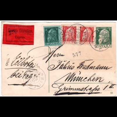 Bayern 1913, 5+2x10 auf 5 Pfg. Frageteil Ganzsache per Eilboten v. Landshut