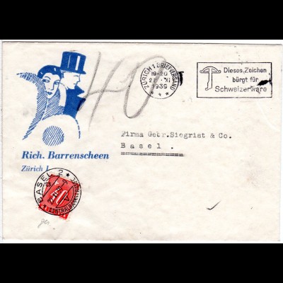 Schweiz 1939, unfrankierter Firmen Brief v. Zürich n. Basel m. 40 C. Portomarke
