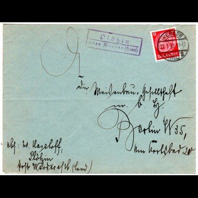 DR 1938, Landpost Stpl. PLÖTZIN über Werder (Havel) auf Brief m. 12 Pfg. 