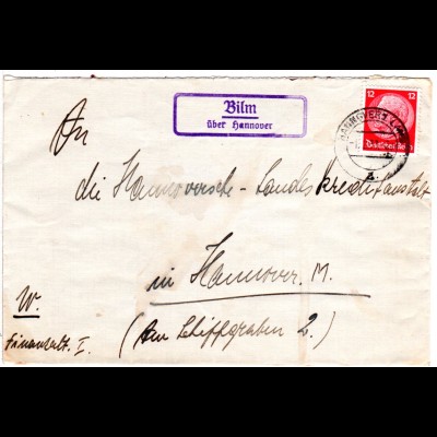 DR 1933, Landpost Stpl. BILM über Hannover auf Brief m. 12 Pf. 
