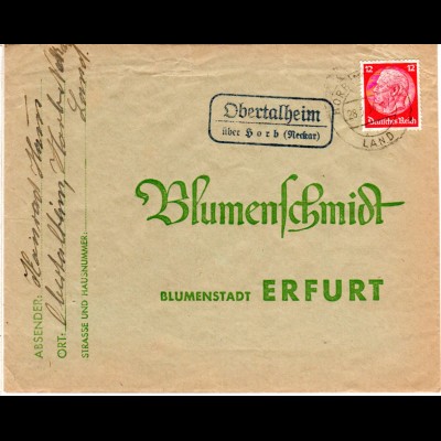 DR 1934, Landpost Stpl. OBERTALHEIM über Horb (Neckar) auf Brief m. 12 Pf. 