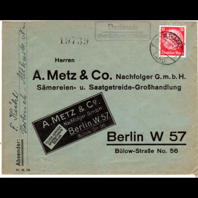 DR 1934, Landpost Stpl. VORBRUCH über Altkarbe (Ostbahn) auf Brief m. 12 Pf. 