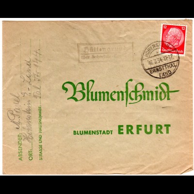 DR 1934, Landpost Stpl. HÜTTENGRUND über Hohenstein-Ernstthal auf Brief m 12 Pf 