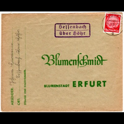 DR 1938, Landpost Stpl. SESSENBACH über Höhr auf Brief m. 12 Pf. 