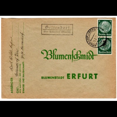 DR 1937, Landpost Stpl. GELTENDORF über Lamsdorf Oberschl auf Brief m. 2x6 Pf.