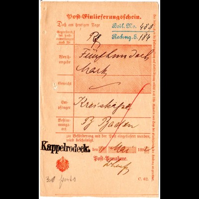 DR 1892, L1 Kappelrodeck klar auf Post Einlieferungsschein f. eine Postanweisung