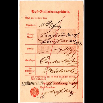 DR 1889, L1 SCHÖNAU (Wiesenthal) klar auf Post Einlieferungsschein 