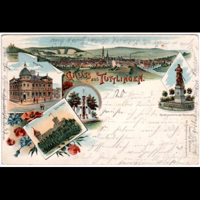 Gruss aus Tuttlingen m. Königl. Post, 1899 gebr. Litho-AK