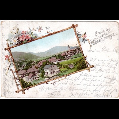 Gruss aus Oberammergau im Deko-Passepartout, 1900 gebr. Farb-AK