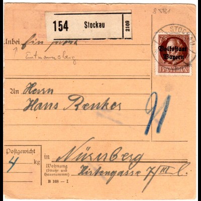 Bayern 1920, Posthilfstelle EMTMANNSBERG Taxe Stockau auf Paketkartem EF 75 Pf.