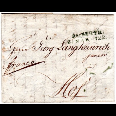 Bayern 1822, aptierter L2 BAYREUTH auf Franko Brief n. Hof.