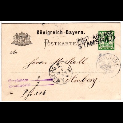 Bayern 1891, L2 Postablage Stamsried u. K1 Pösing auf 5 Pf. Ganzsache