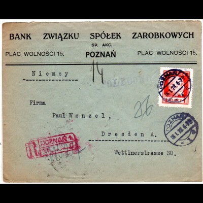 Polen 1928, 1 Zl. auf Firmen Einschreiben Brief v. Poznan n. Deutschland.