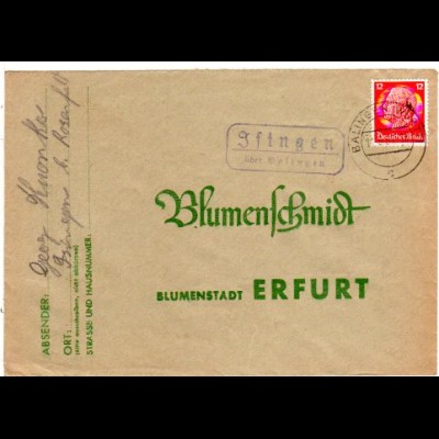 DR 1937, Landpost Stpl. ISINGEN über Balingen auf Brief m. 12 Pfg. 