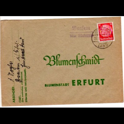 DR 1937, Landpost Stpl. BAASEM über Jünkerath auf Brief m. 12 Pfg. 