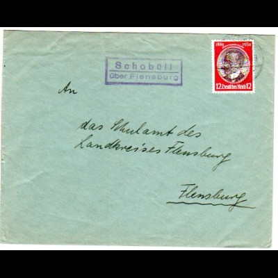 DR 1934, Landpost Stpl. SCHOBÜLL über Flensburg auf Brief m. 12 Pf.