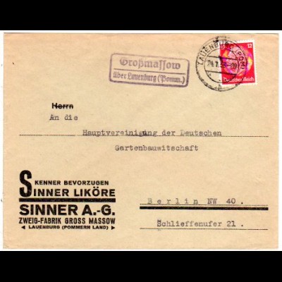 DR 1936, Landpost Stpl. GROSSMASSOW über Lauenburg (Pomm.) auf Brief m. 12 Pf.
