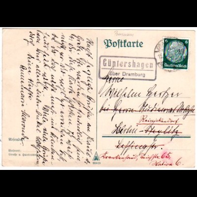 DR 1934, Landpost Stpl. GÜNTERSHAGEN über Dramburg auf 6 Pf. Ganzsache