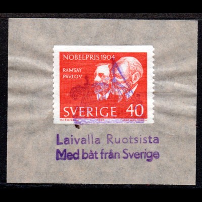 Schweden 40 öre auf Briefstück m. blauem Finnland Schiffspost Stempel m. Dampfer