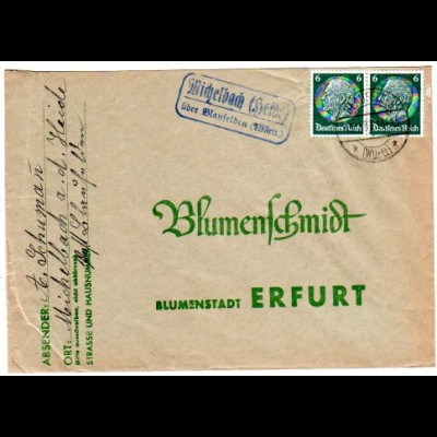 DR 1937, Landpost Stempel MICHELBACH (Heide) über Blaufelden auf Brief m. 2x6 Pf