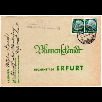 DR 1937, Landpost Stempel WEROTH über Altenkirchen auf Brief m. 2x6 Pf