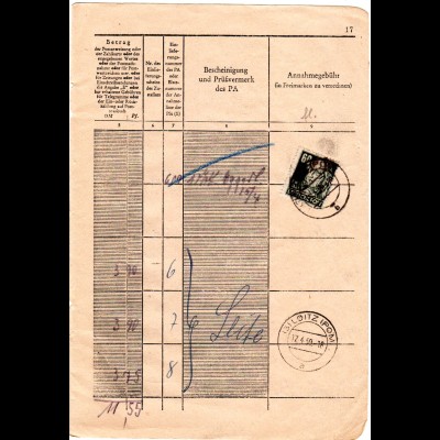 DDR 1950, EF 60 Pf. f. Gebühren auf Seite eines Posteinlieferungsbuches v. Loitz