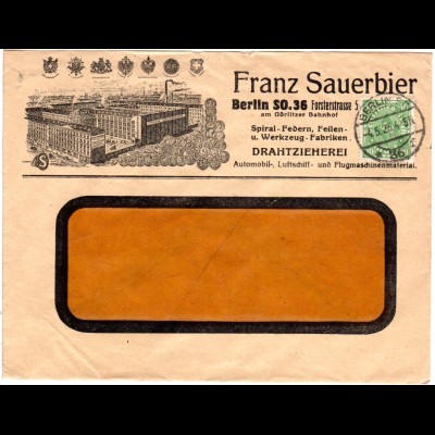 DR 1923, 40 Mk. auf illustriertem F. Sauerbier Firmen Umschlag v. Berlin