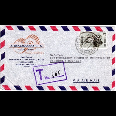 Venezuela 1953, 60 C. auf Luftpost Brief m. Portostempel v. Caracas n. Schweden 