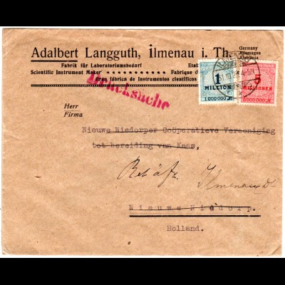 DR 1923, 1+5 Mio. auf Auslands Drucksache Brief v. Ilmenau i.d. NL u. retour