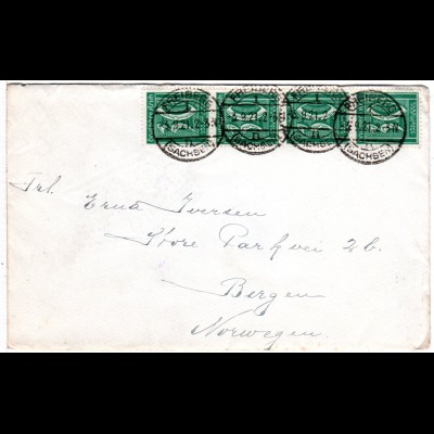 DR 1921, MeF 4er-Streifen 30 Pf. auf Brief v. Freiberg (Sachsen) n. Norwegen