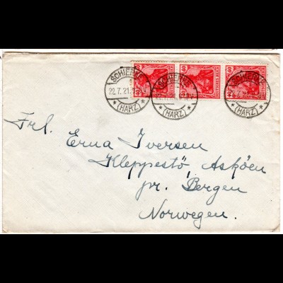 DR 1921, MeF 3er-Streifen 40 Pf. auf Brief v. Schierke (Harz) n. Norwegen