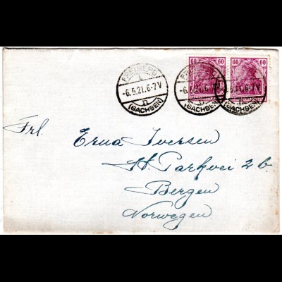 DR 1921, MeF Paar 60 Pf. violett auf Brief v. Freiberg (Sachsen) n. Norwegen