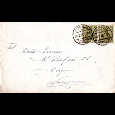 DR 1921, MeF Paar 60 Pf. grün auf Brief v. Freiberg (Sachsen) n. Norwegen
