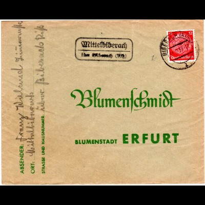DR 1937, Landpost Stpl. MITTELBIBERACH über Biberach auf Brief m. 12 Pf